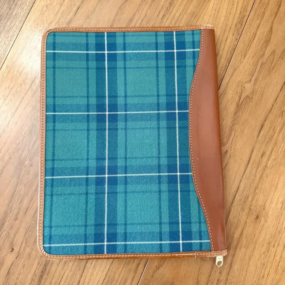 Vintage Laura Ashley Planner Plaid Fabric Leather Binding Zip Padfolio 13 x 10